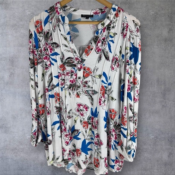 Ava & Grace Knit Multi Floral Popover Top Flowy Stretch Office Size Large - Picture 3 of 12